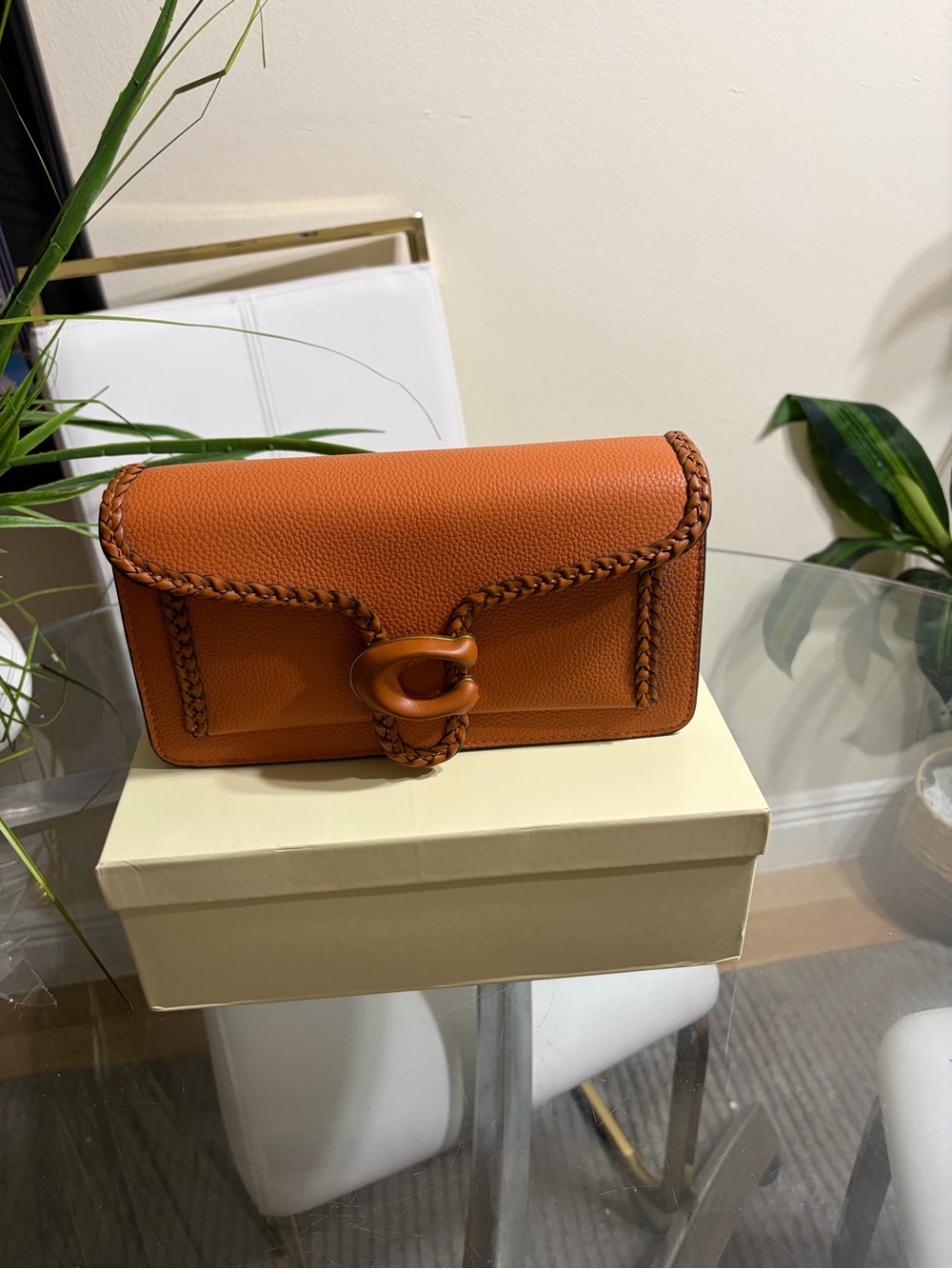 Orange Braided Trim Leather Clutch with Loop Closure